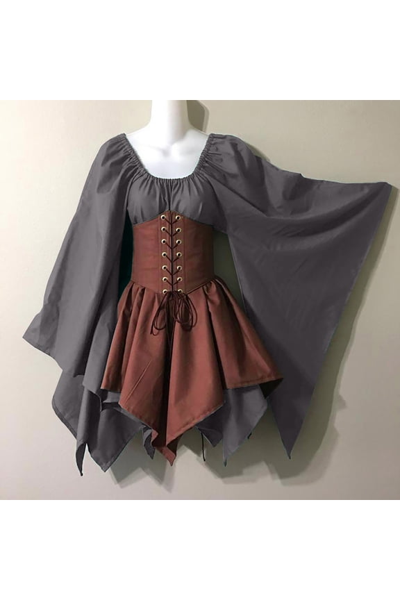 Renaissance Medieval Mini Dress for Women Plus Size Lace Up Corset Dress Solid Color Batwing Long Sleeve Casual Dress Cosplay Outfits
