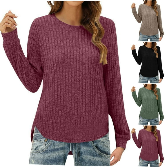 Fartey Ribbed Knit Sweater for Women Slim Fit Long Sleeve Crew Neck Pullover Sweaters Loose Casual Curved Hem Jumper Tops Green L