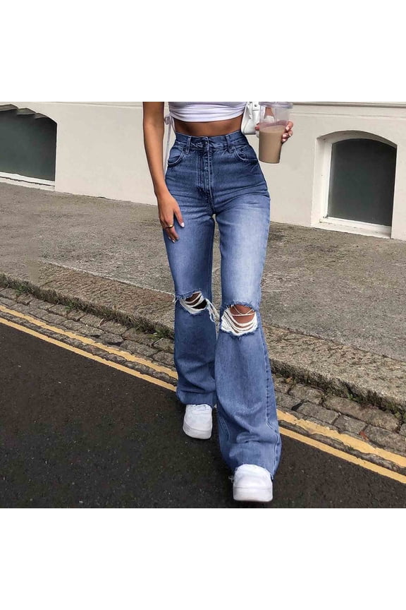 Ripped Bell Bottom Jeans for Women Wide Leg High Waisted Denim Pants Slim Fit Stretchy Bootcut Jeans with Pockets Blue XXL