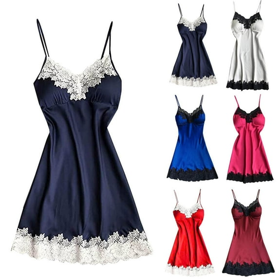 Fartey Satin Nightgown for Women Fashion Lace Trim Nightwear Floral Sexy Spaghetti Strap V-Neck Nightdress Solid Color Sleeveless Nightwear White S