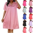 thumbnail image 1 of Fartey Satin Nightgowns for Women Elegant Lace V Neck Pleated Knee Length Sleepwear Loose Flowy Short Sleeve Nightdress Lightweight Lounge Homewear Green Free Size, 1 of 5