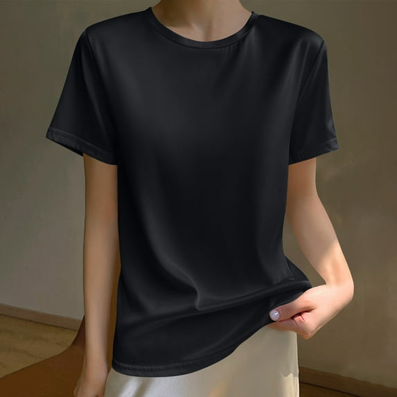 Fartey Womens Silk Satin Tops Crewneck Short Sleeve Tee Shirt Soft Comfy Summer Tshirts Fashion Solid Color Shirts Casual Party Blouses Black L