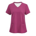 thumbnail image 1 of Fartey Scrub Tops for Women Trendy Short Sleeve Working T Shirts with Pocket Summer Solid Color V Neck Tees Slim FIt Tunic Blouse Loose Comfy Holiday T Shirts Purple L, 1 of 3