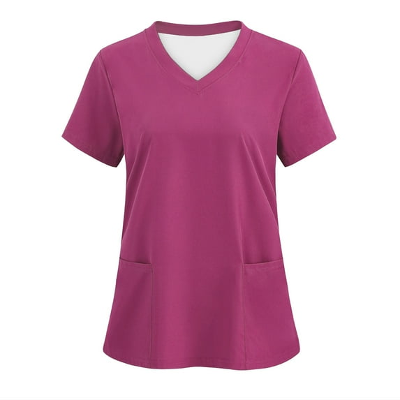 Fartey Scrub Tops for Women Trendy Short Sleeve Working T Shirts with Pocket Summer Solid Color V Neck Tees Slim FIt Tunic Blouse Loose Comfy Holiday T Shirts Purple L