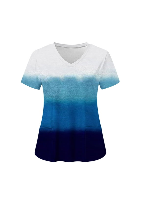 Scrub Tops for Women Trendy Gradient Print V Neck Nurse Uniform Loose Casual Short Sleeve Shirts Work T Shirts with Pockets Navy 2XL