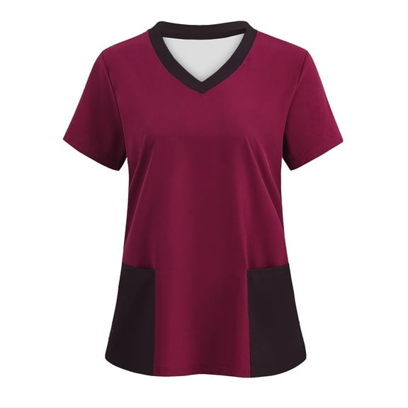 Fartey Scrubs for Women 2025 Fashion Colorblock Scrub T Shirts Summer Nurse Short Sleeve Tops Dressy Casual V Neck Tunic Tops with Pockets Wine 2XL