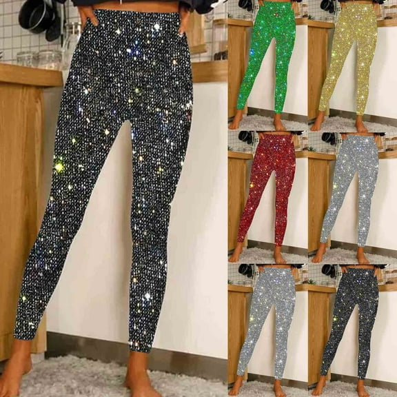 Fartey Sequin Leggings for Women Fashion Y2K Yoga Workout Legging Stretch High Waisted Tummy Control Pants Comfy Lounge Pant Yellow L