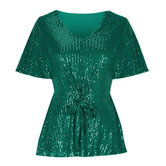 Fartey Sequin T Shirts for Women 2025 Trendy Elegant V Neck Belted Tops Dressy Casual Short Sleeve Party Shirts Summer Solid Color Tunic Blouses Army Green S-2XL