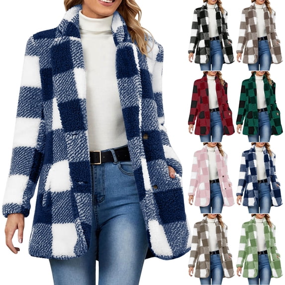 Fartey Sherpa Jacket for Women Fuzzy Fleece Winter Coats Plaid Button Up Shacket Casual Warm Coat Outwear with Pockets Navy XL