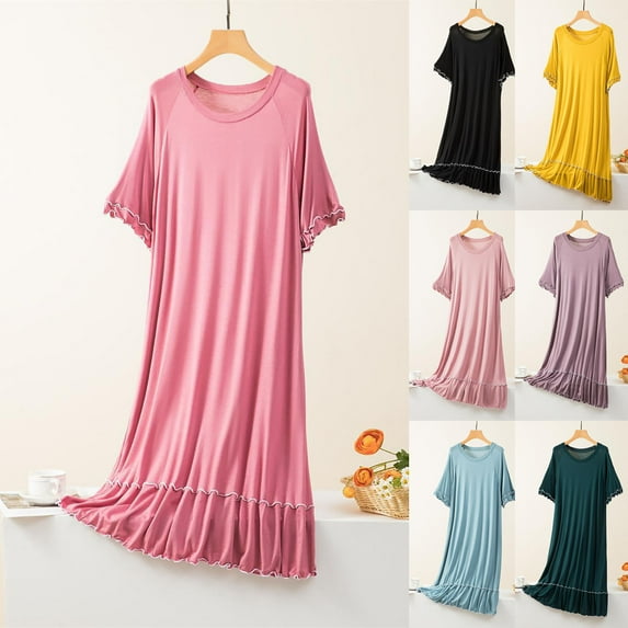 Fartey Short Sleeve Night Dress for Women Soft Comfy Crew Neck Nightgown Loose Flowy Ruffle Hem Nightdress Lightweight Solid Color Homewear Pink XL