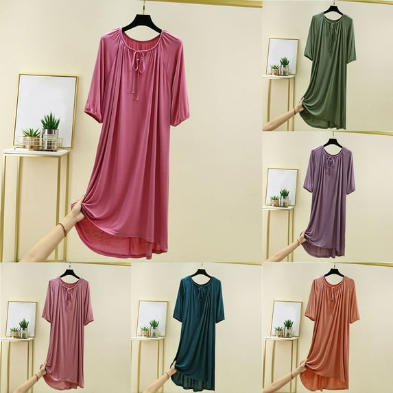 Fartey Short Sleeve Nightgowns for Women Soft Pleated V Neck Sleep Shirts Comfy Solid Color Sleepdress Loose Casual Daily Loungewear Orange M