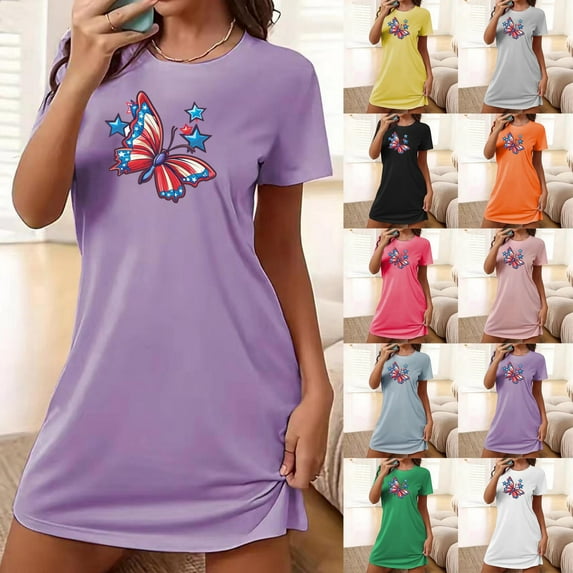 Fartey Short Sleeve Nightshirt for Women Soft Crew Neck Graphic Nightgown Loose Casual Holiday Sleepwear Comfy Ladies Nightwear Yellow M