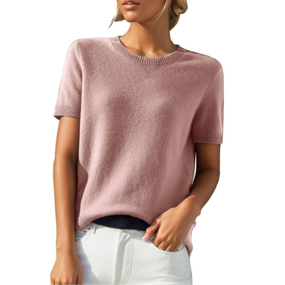 Fartey Short Sleeve Sweater Tops for Women Cute Lightweight Crew Neck T Shirts Plain Relaxed Fit Business Casual Blouses 2025 Pink M