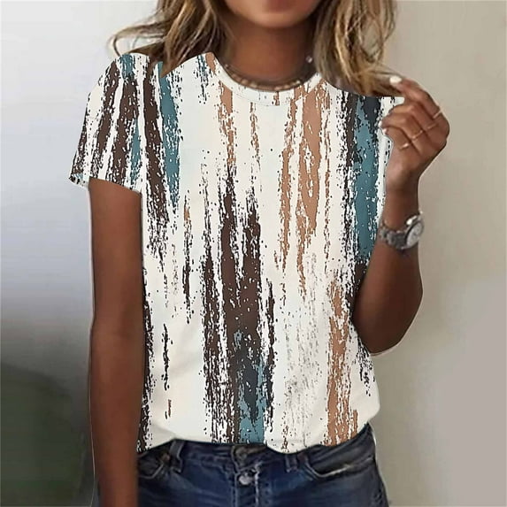 Fartey Short Sleeve Tops for Women Trendy Striped Printed Tees Summer Crewneck Tunic Shirt Loose Fit Casual Blouses Plus Size Beach Vacation Tshirts Multicolor XL