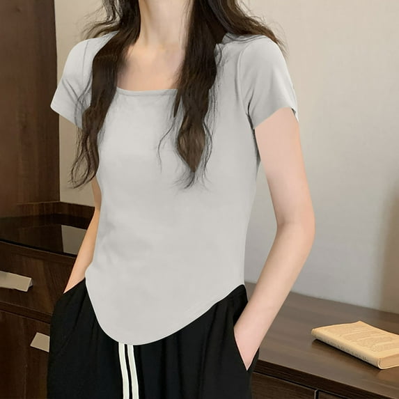 Fartey Short Sleeve Tops for Women 2025 Summer Fashion Teen Girls Y2K Tops Casual Basic Tee Solid Color Workout Tunic Top Blouse Tshirts Gray XL