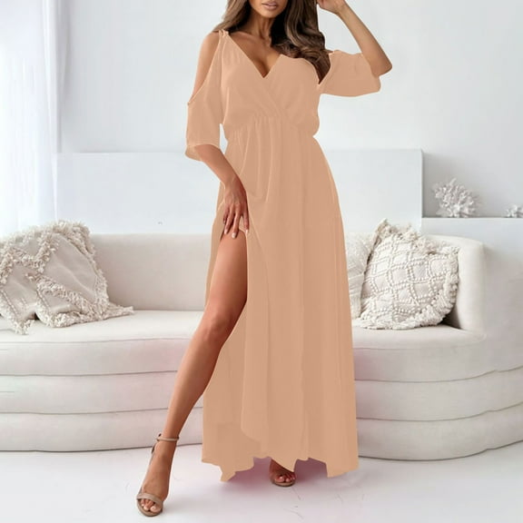 Fartey Off The Shoulder Dress for Women Fashion Elegan Deep V-Neck Evening Dresses Loose Flowy Side Split Swing Dress Solid Color Beach Vacation Maxi Sundress Khaki L