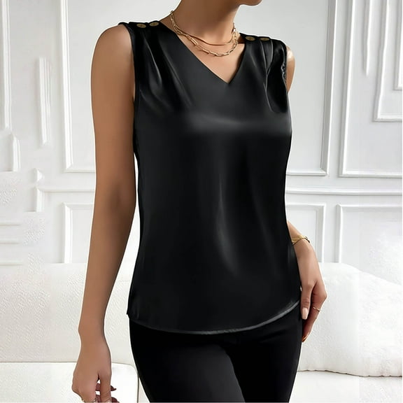Fartey Silk Satin Tank Tops for Women Elegant V Neck Sleeveless Shirt with Button Summer Solid Color Basic Vests Business Casual Work Tanks Black L