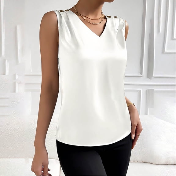 Fartey Silk Satin Tank Tops for Women Elegant V Neck Sleeveless Shirt with Button Summer Solid Color Basic Vests Business Casual Work Tanks White L