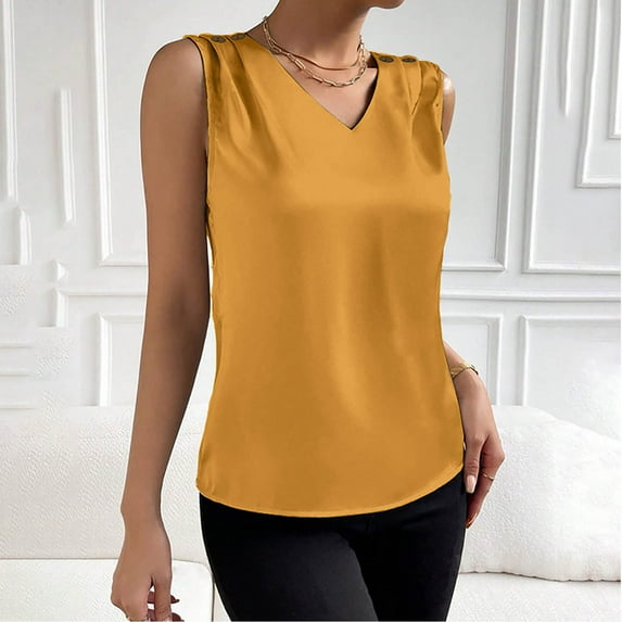 Fartey Silk Satin Tank Tops for Women Elegant V Neck Sleeveless Shirt with Button Summer Solid Color Basic Vests Business Casual Work Tanks Yellow L