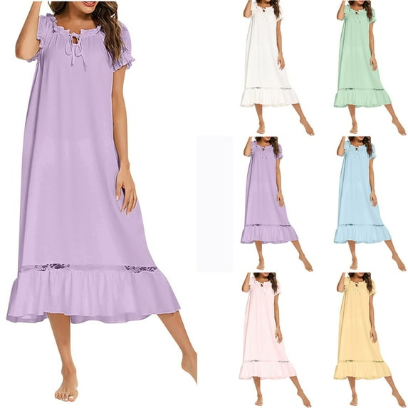 Fartey Sleepwear for Women Loose Flowy Long Nightgowns Puff Short Sleeve Sleepshirt Night Gown Comfy Casual Pajama Dress Green S