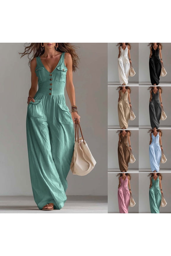 Sleeveless Jumpsuits for Women Button V Neck One Piece Pants Loose Flowy Wide Leg Romper Fashion Solid Color Jumpsuit with Pockets Dark Gray S-2XL