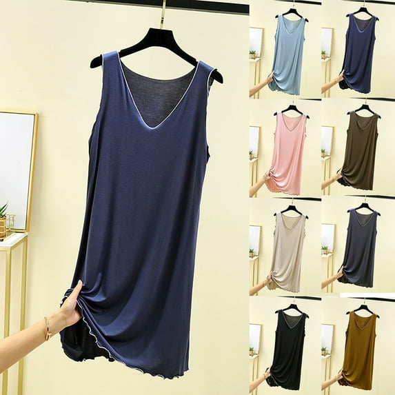 Fartey Sleeveless Nightgowns for Women Loose Comfy V Neck Nightshirt Casual Long Tank Sleep Dress Solid Color Daily Loungewear Beige M