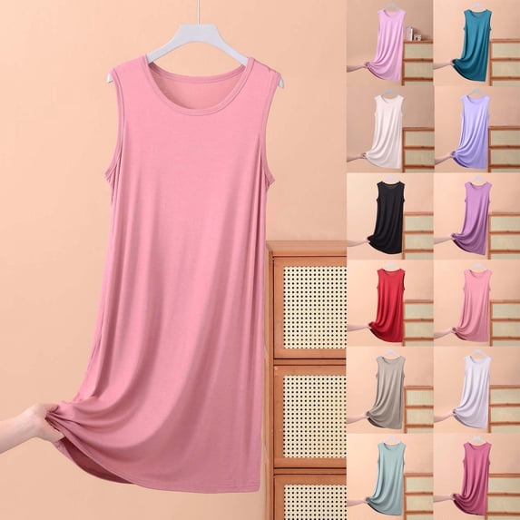 Fartey Sleeveless Nightgowns for Women Plus Size Crew Neck Chemise Sleepwear Loose Comfy Solid Color Swing Tank Nightshirts Wine 4XL