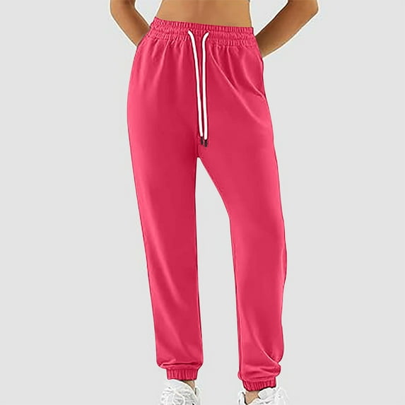 Fartey Solid Color Sweatpants for Women 2024 Fall Fleece Elastic High Waisted Jogger Pants Soft Comfy Drawstring Cinch Bottom Sweatpant with Pockets Red L