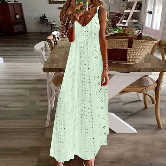 Fartey Spaghetti Strap Maxi Dresses for Women Summer Eyelet Swing Dress Casual Solid Color V Neck Dress Loose Breathable Beach Vacation Sundress Mint Green S-2XL