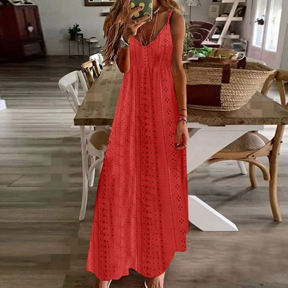 Fartey Spaghetti Strap Maxi Dresses for Women Summer Eyelet Swing Dress Casual Solid Color V Neck Dress Loose Breathable Beach Vacation Sundress Red S-2XL