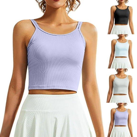 Fartey Spaghetti Straps Ribbed Knit Tank Tops for Women Workout Yoga Crop Tanks with Padded Solid Color Crew Neck Sleeveless Shirt Summer Gym Running Top Blue S