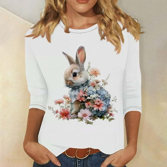 Fartey Spring Summer Tops for Women Slim Fit 3/4 Sleeve Crew Neck Tunic Blouse Fashion Cute Bunny Floral Print Tees Loose Lightweight Holiday T Shirts Multicolor S-3XL
