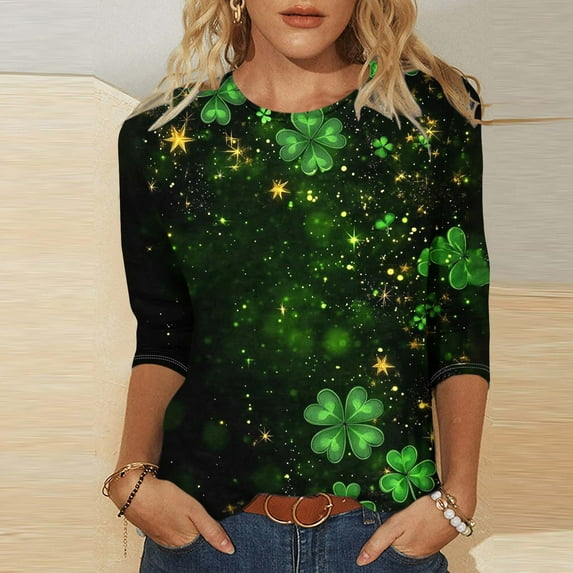 Fartey St Patrick's Day 3/4 Sleeve Round Neck Shirts for Women Fashion Funny Shamrock Graphic Tees Dressy Casual Holiday T Shirts Plus Size Summer Tunic Tops Green S-5XL