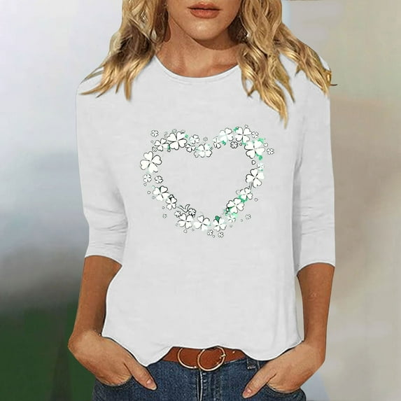 Fartey St. Patrick's Day Shirts for Women 2025 Spring Summer 3/4 Sleeve Tunic Tops Casual Loose Crew Neck Holiday T Shirts Fashion Cute Shamrock Graphic Tees Gifts Clothes White XL