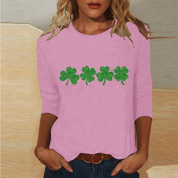 Fartey St. Patrick's Day Shirts for Women 3/4 Length Sleeve Shamrock Printed T Shirts Soft Comfy Crew Neck Holiday Blouses Dressy Casual Tunic Tops Pink S-3XL