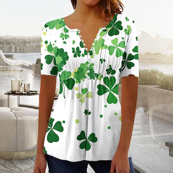 Fartey St Patricks Day Shirts for Women 2025 Dressy Casual Button Up V Neck T Shirts Slim Fit Summer Pleated Short Sleeve Tunic Tops Fashion Shamrock Print Blouse Multicolor 3XL