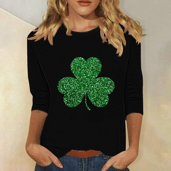 Fartey St Patricks Day Shirts for Women Funny Shamrock Print T Shirts Slim Fit 3/4 Sleeve Tunic Blouses Dressy Casual Crew Neck Holiday Tee Tops Multicolor S-3XL