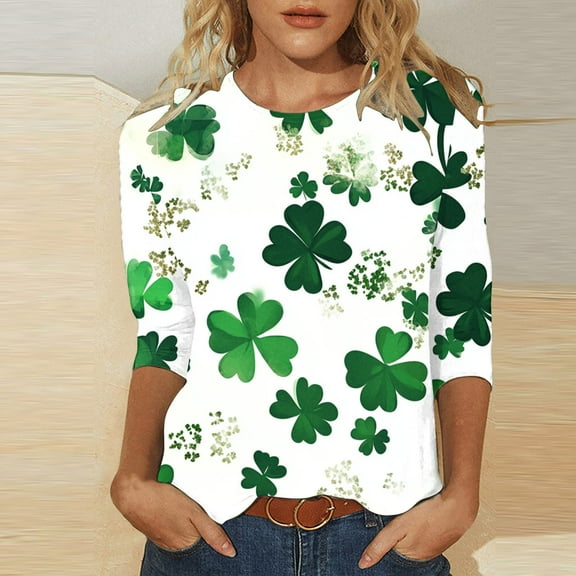Fartey St Patricks Day Shirts for Women Plus Size 3/4 Sleeve Crew Neck Green T Shirts Fashion Cute Shamrock Graphic Tees Soft Comfy Summer Tunic Tops Multicolor S-5XL