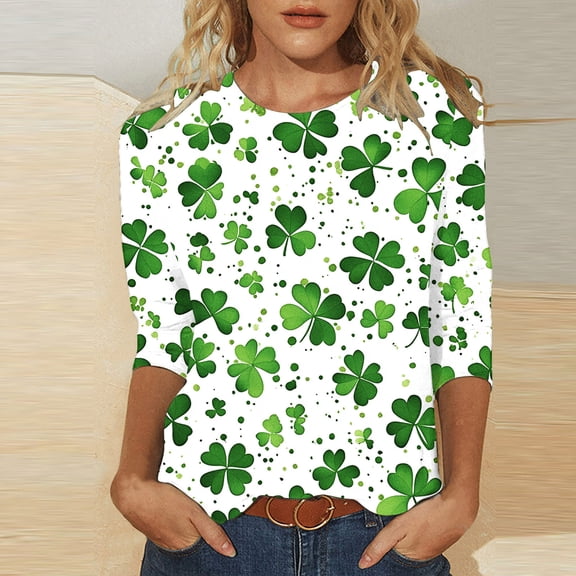 Fartey St Patricks Day Shirts for Women Plus Size Crewneck 3/4 Sleeve T Shirts Green Shamrock Graphic Tees St Patrick's Day Casual Tunic Tops Multicolor S-5XL