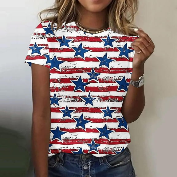 Fartey Stars Stripe Graphic Tees for Women Independence Day Patriotic T Shirts 4th of July Short Sleeve Shirt Dressy Casual Summer Crew Neck Festival Tops Multicolor M