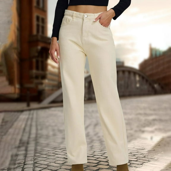 Fartey Straight Leg Jeans for Women Loose Casual High Waist Wide Leg Baggy Jean Fashion Solid Color Stretch Denim Pants with Pockets White S