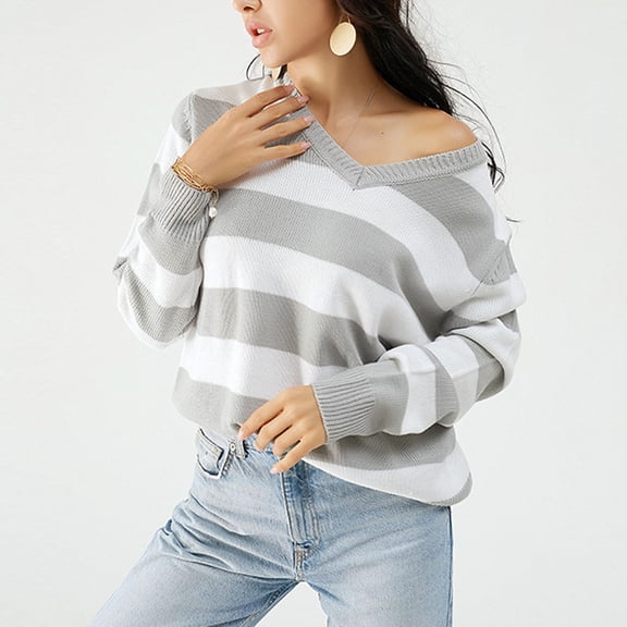 Fartey Striped Color Block Sweaters for Women Elegant V Neck Knitted Pullover Sweater Loose Fit Long Sleeve Knit Sweaters Cozy Fall Winter Warm Jumper Tops Gray M