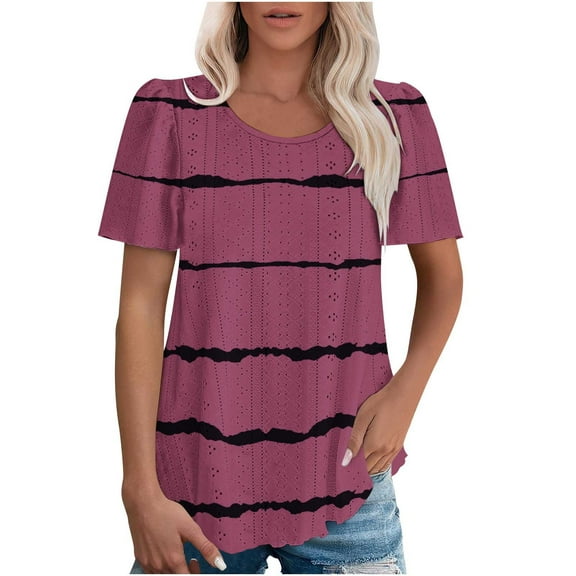 Fartey Striped Print Shirts for Women Trendy Puff Short Sleeve Crewneck T Shirts Spring Summer Eyelet Embroidery Blouses Lightweight Breathable Tunic Tops Hot Pink S-3XL