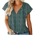 thumbnail image 1 of Fartey Summer Chiffon Shirts for Women Boho Floral Print V Neck Tops Loose Fit Ruffle Short Sleeve Tshirts Business Casual Work Blouses Army Green L, 1 of 2