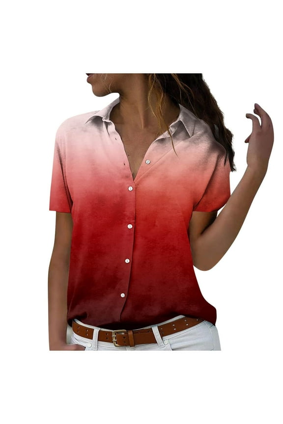 Summer Womens Plus Size Short Sleeve Shirts 2025 Trendy Gradient Collared Button Down Blouses Loose Casual Holiday Tops