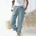 thumbnail image 1 of Fartey Summer Cotton Linen Pants for Women Classic Elastic High Waist Cuffed Casual Trouser with Pockets Solid Color Breathable Daily Trousers,Light Blue,S-3XL, 1 of 5