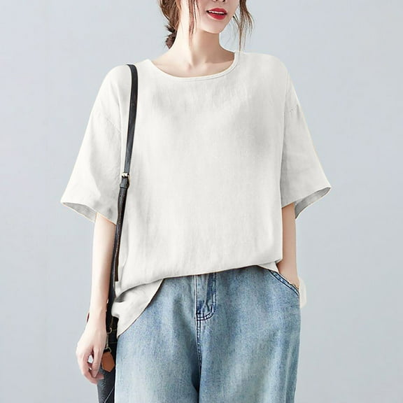 Fartey Summer Cotton Linen Tops for Women Oversized Short Sleeve T Shirts Plus Size Solid Color Crewneck Tees Loose Fit Casual Blouses 2025 White XL