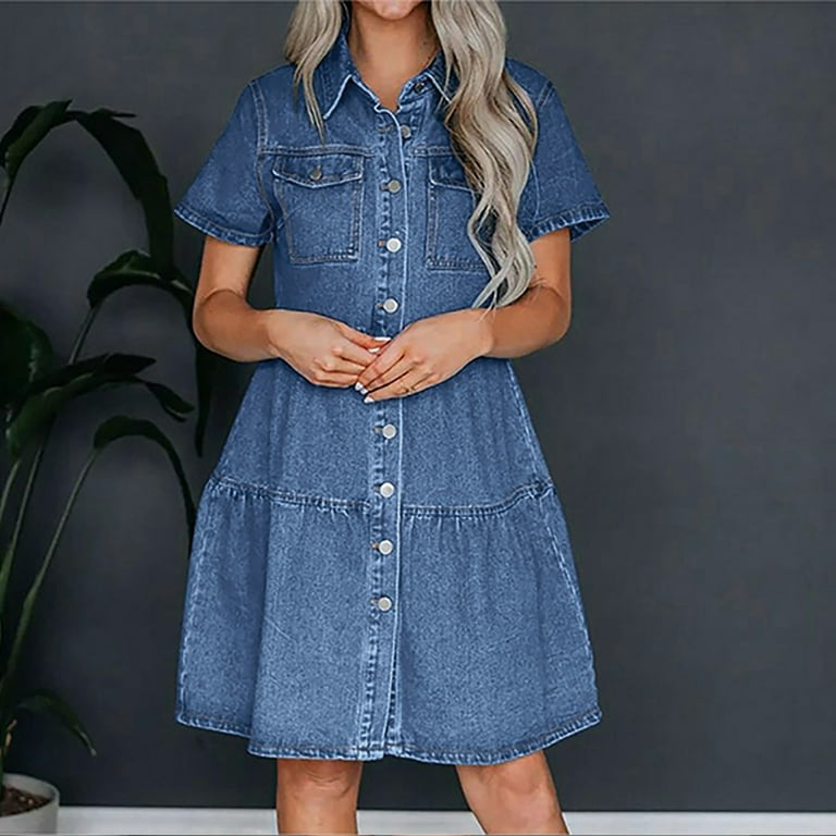 Fartey Summer Denim Dresses for Women Lapel Button Down Short