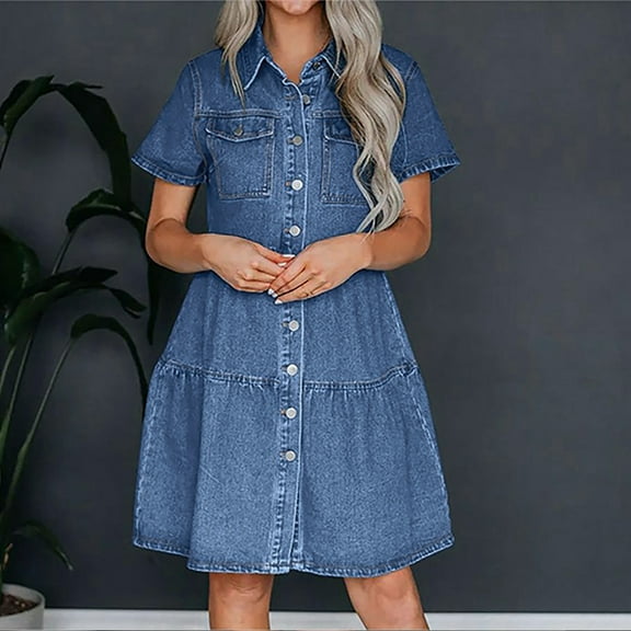 Fartey Summer Denim Dresses for Women Lapel Button Down Short Sleeve Dress Loose Fit Knee Length Dress Babydoll Casual Jean Dress with Pockets Light Blue S-XL