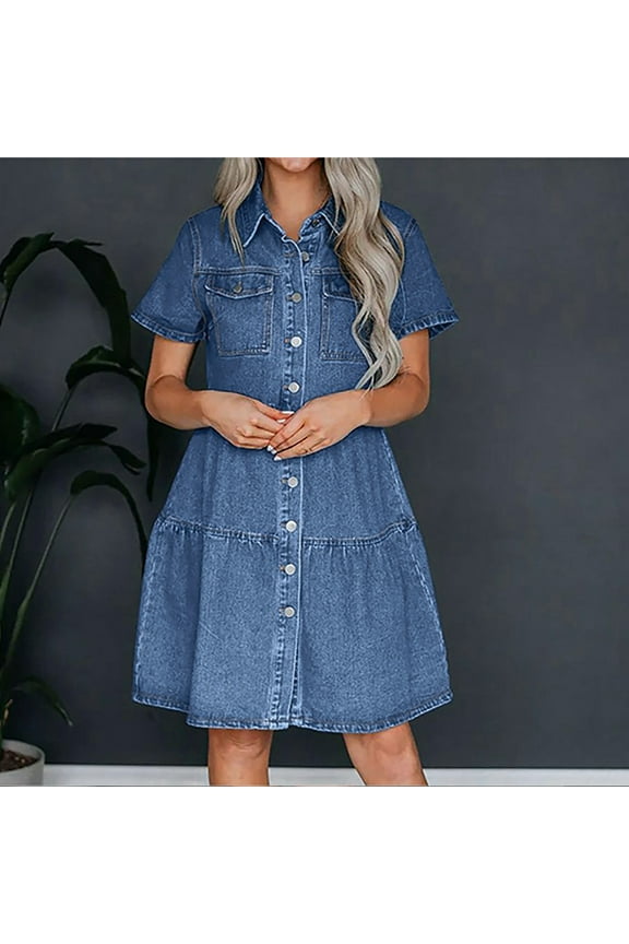 Summer Denim Dresses for Women Lapel Button Down Short Sleeve Dress Loose Fit Knee Length Dress Babydoll Casual Jean Dress with Pockets Light Blue S-XL